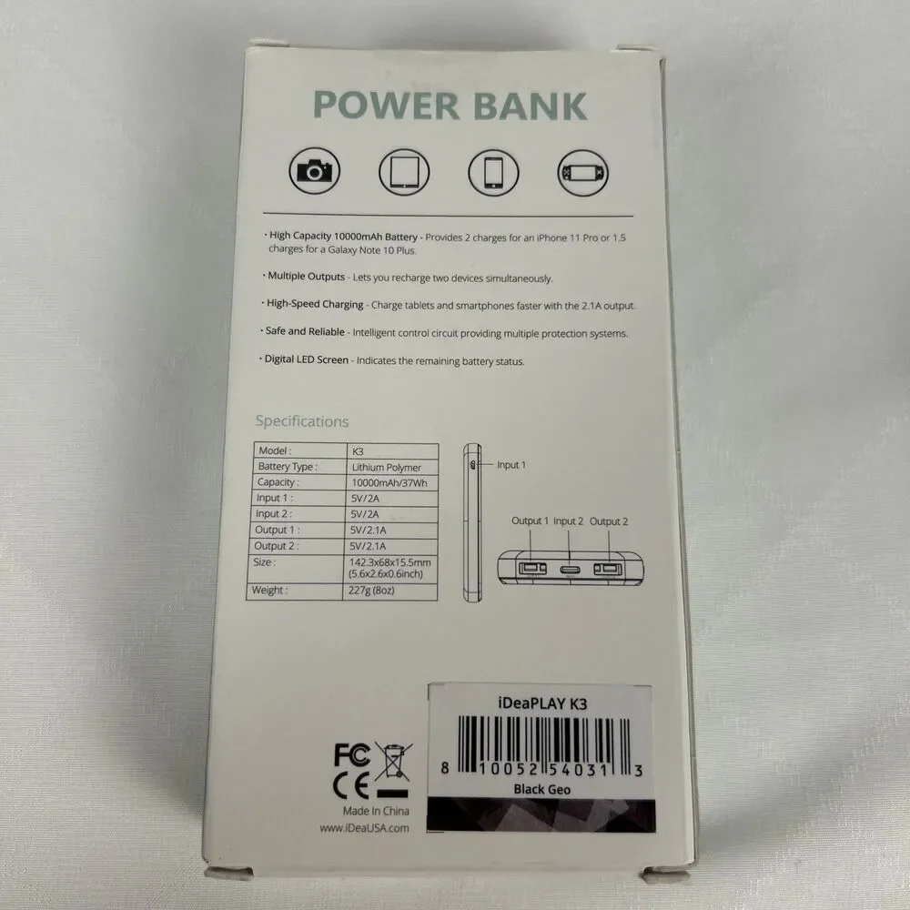 iDeaPLAY 10000mAh External Battery Power Bank Black & Gray Lot/2 Tested Working